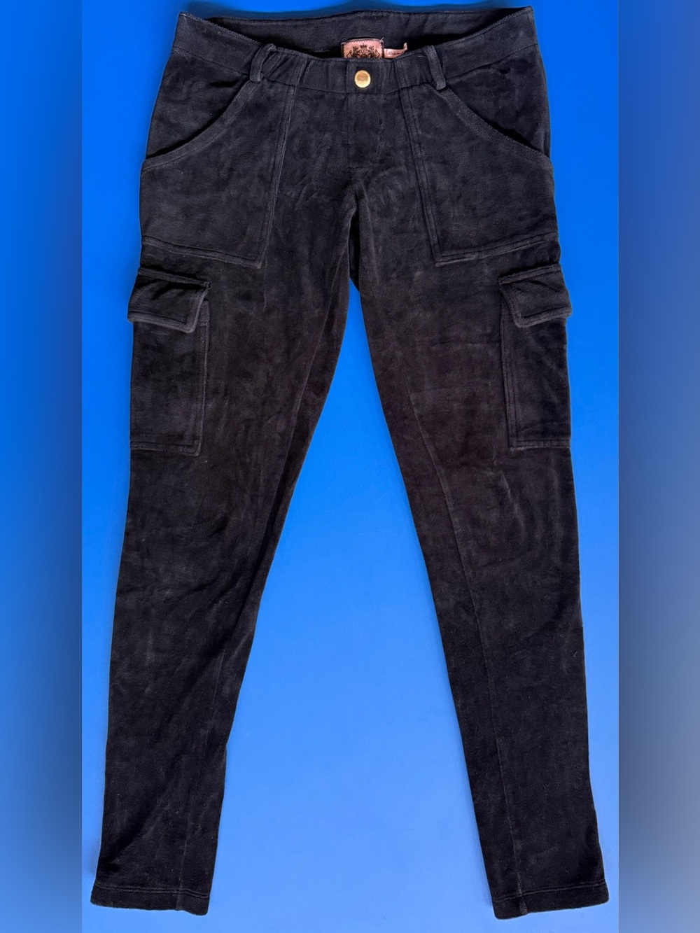 Juicy Couture 2010 Black Velour Cargo Pants Petite Gold Ankle Zip Y2K